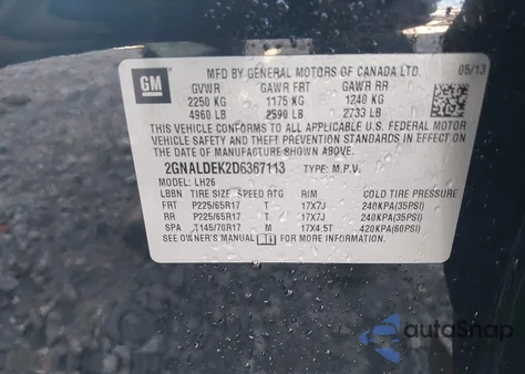 2013 Chevrolet Equinox 1Lt from USA, damaged, VIN 2GNALDEK2D6367113